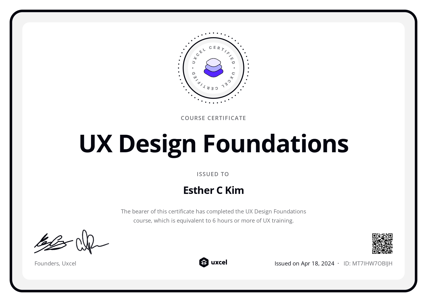 Esther C Kim's certificate